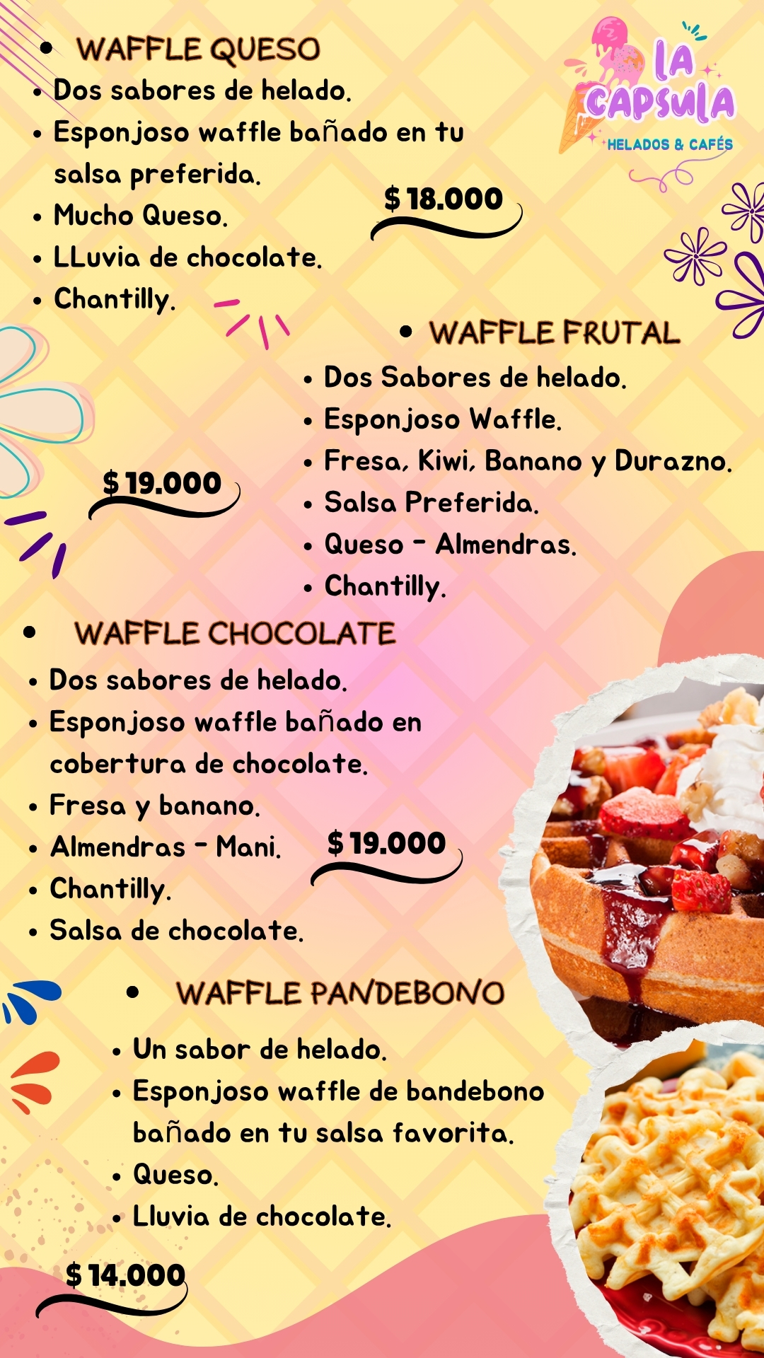 WAFLES EN LA LELADERIA LA CAPSULA VISÍTANOS O PIDE TU DOMICILIO